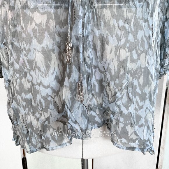 CHAN LUU Blue & Gray Sheer Viscose Blouse + Beaded Embellishments | Size M - Picture 5 of 14